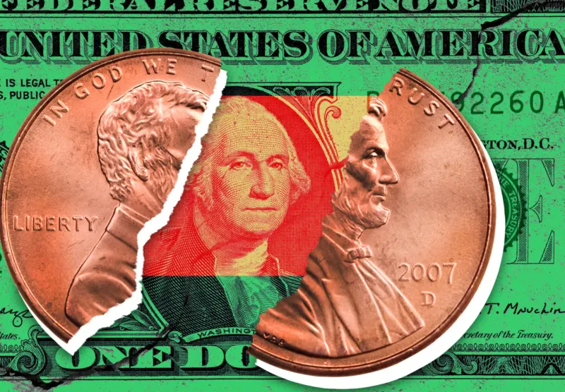 A copper coin topples toward a green banknote, symbolizing inflation spreading from pennies to dollars.