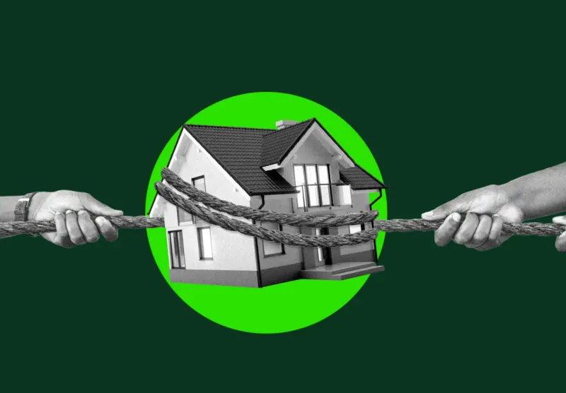 A house caught in a knotted family tree symbolizes an inheritance purchase blocked by siblings.