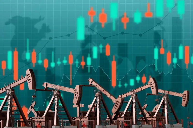 A black oil droplet bends stock and bond ribbons into its orbit, symbolizing oil’s growing market pull.