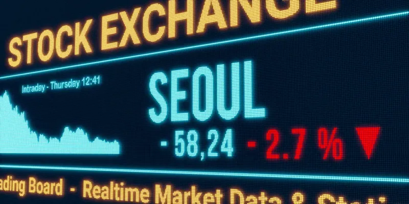 A fraying silicon wafer parachute fails to stop a falling arrow, symbolizing Korea's semiconductor-led market decline.