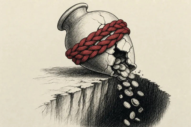 A braided cord of communal trust snaps around a cracked investment vessel as coins fall into a dark void.