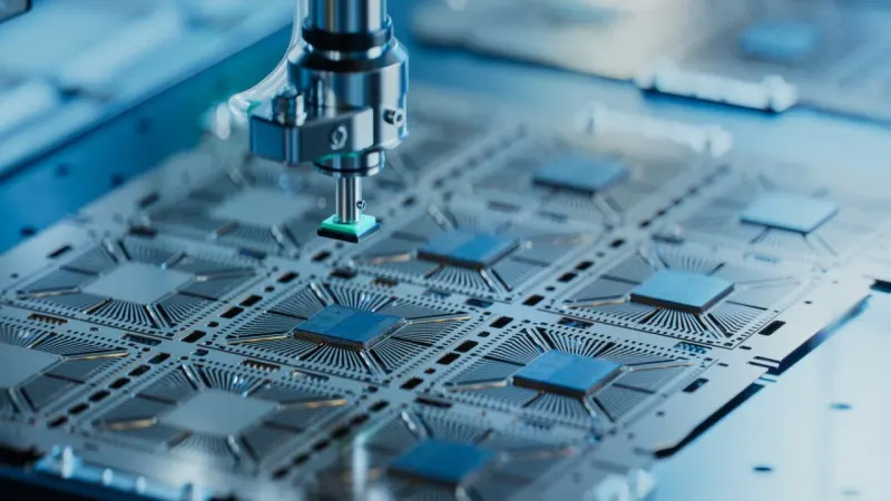 A coin-filled silicon wafer balloon deflates on thorny circuitry, symbolizing failed bullish chip bets.