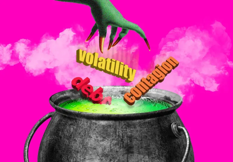A market-shaped cauldron bubbles with debt chains, rate arrows and dominoes symbolizing contagion risk.