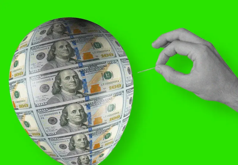 A rising bond arrow punctures an inflated stock market balloon, symbolizing yields threatening overextended equities.