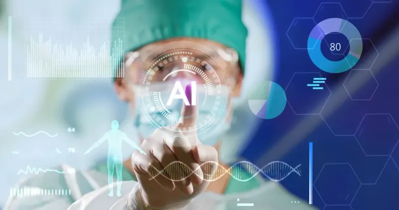 A circuit-patterned gate narrows a stream of medical care symbols, reflecting Medicare's AI authorization test.