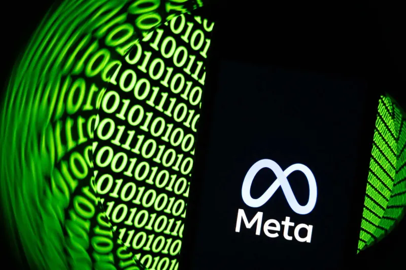 Two golden ribbons cross and lift a neural patterned blue sphere, symbolizing Meta's AI linked stock momentum.