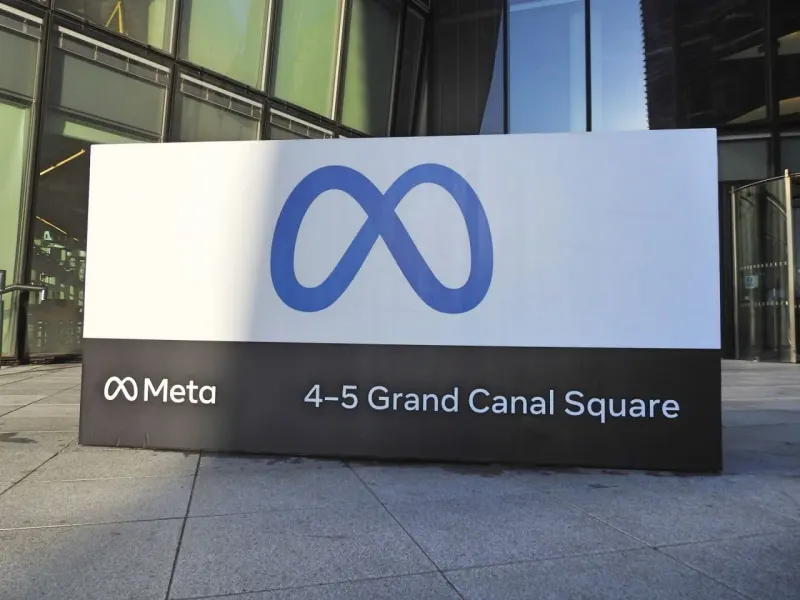 Two luminous mechanical wings lift a market arrow above a podium, symbolizing Meta's AI driven stock rise.