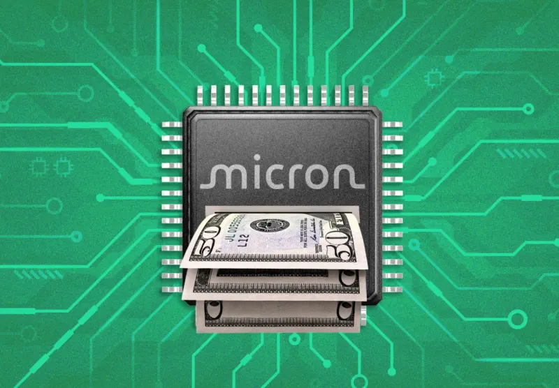 A memory chip shaped like a cloud rains coins into a shareholder funnel, symbolizing Micron’s planned buybacks.