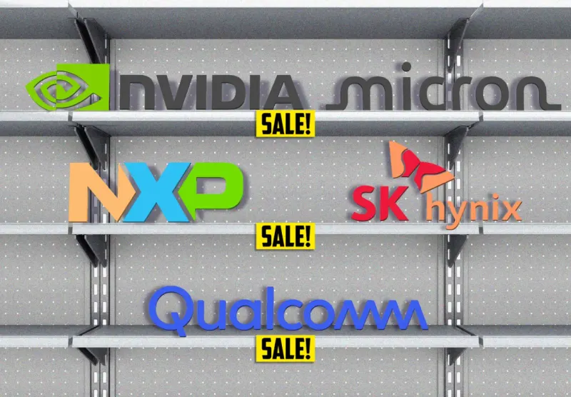 Five rocket-like microchips rise from blank price tags beside a grounded stone, symbolizing cheap, faster growth.