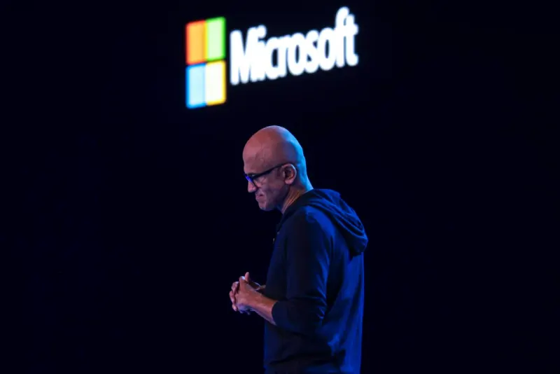 A rising shield shelters a glowing AI orb, symbolizing Microsoft's perceived safety and stock momentum.