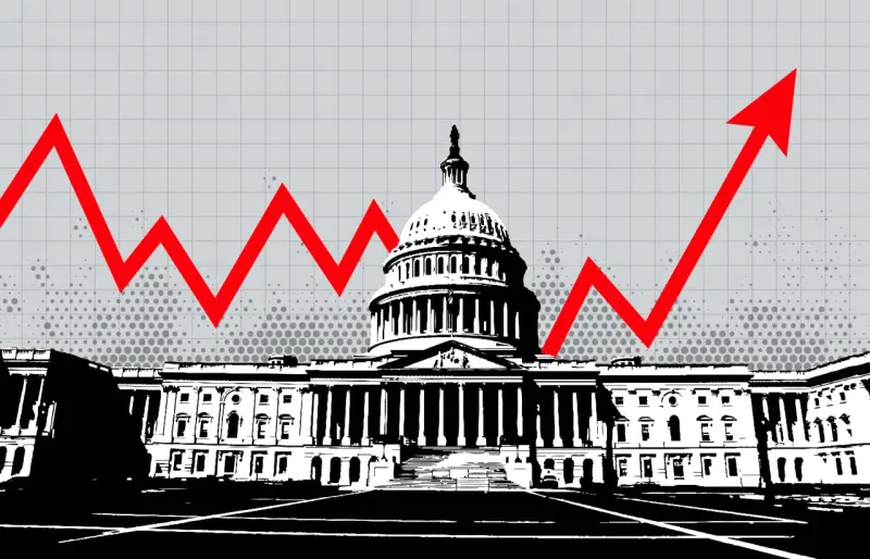 A ballot box releases a rising ribbon, symbolizing historical stock gains after midterm elections.