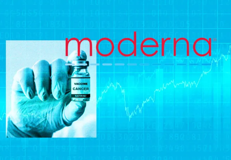 A glowing vial balances a rising market arrow over a void, symbolizing Moderna’s high-stakes Phase 3 results.