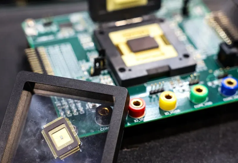 A silicon wafer bridge keeps climbing while one support column drops, reflecting a firm index target and chip-sector risk.