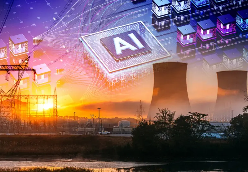 A glowing atomic sun lights only a few circuit paths, symbolizing uneven gains from AI-driven nuclear demand.