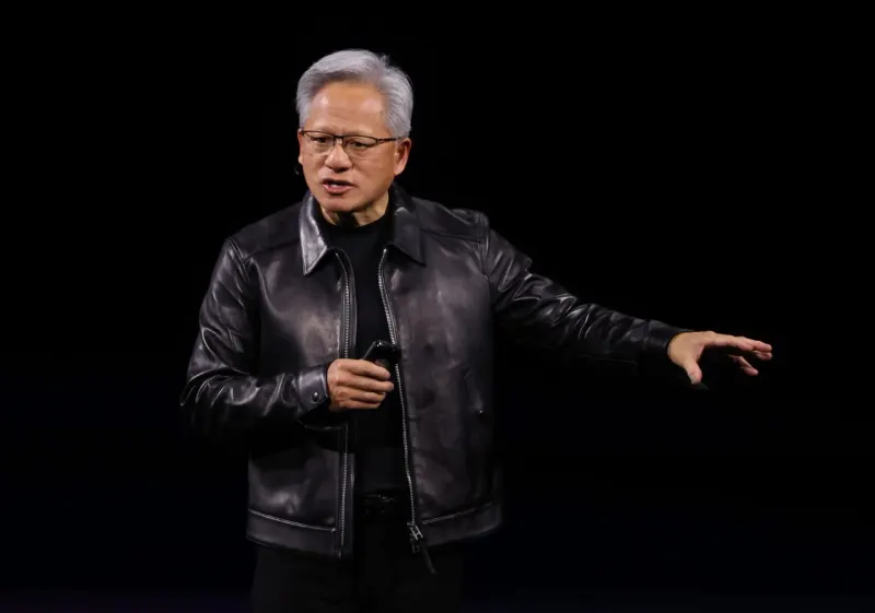 A megaphone-shaped bolt pierces a green microchip, symbolizing the disruption of Nvidia’s Berlin keynote.
