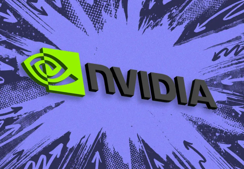 A heart-shaped chip powers a fragile market web, symbolizing Nvidia’s influence on AI and stocks.