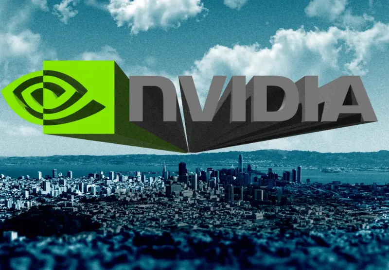 A giant baseball-like microchip towers over smaller chips, symbolizing Nvidia’s growing competitive scale.