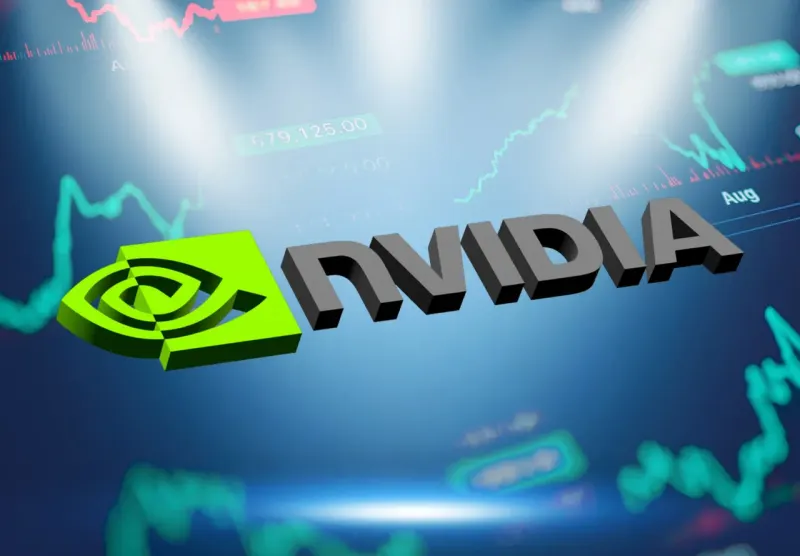 A green chip balances on symbols for competition, agreements and memory, reflecting Nvidia’s coming market test.
