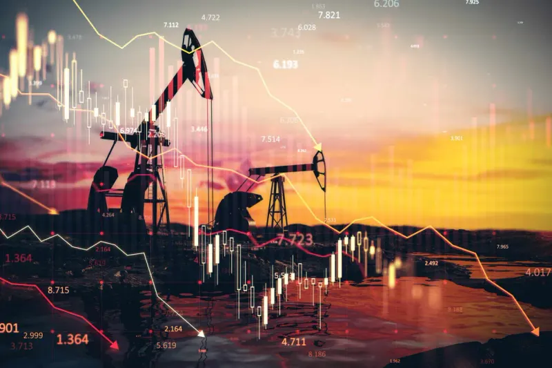 A black oil droplet points against surrounding arrows, symbolizing the options market's contrarian oil signal.
