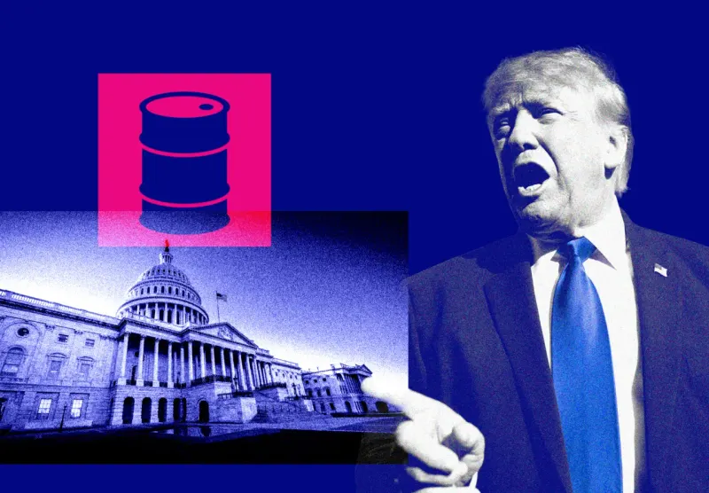 An oil droplet balances on a ballot box shaped like a burning fuse, linking elections, Iran tensions, and oil prices.