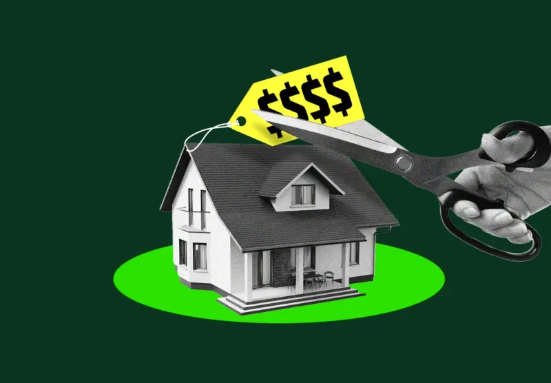 Three house-shaped blocks descend in value, with one sliced lower to represent widespread seller price cuts.