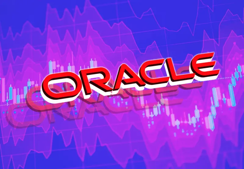 A red sphere descends five steps while metallic chips bounce upward, symbolizing Oracle’s divergence from AI stocks.