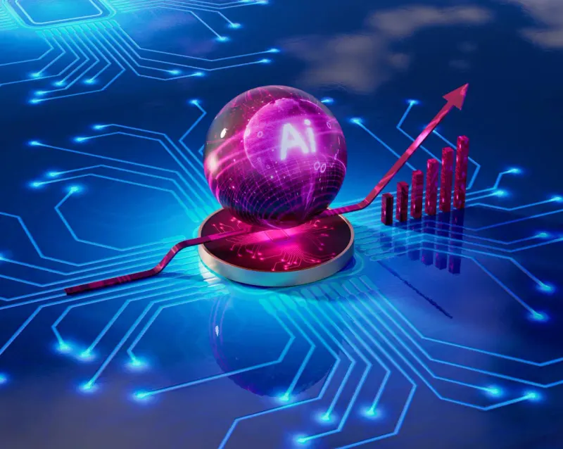 A nimble sailboat rides an AI circuit wave ahead of a heavier index barge.