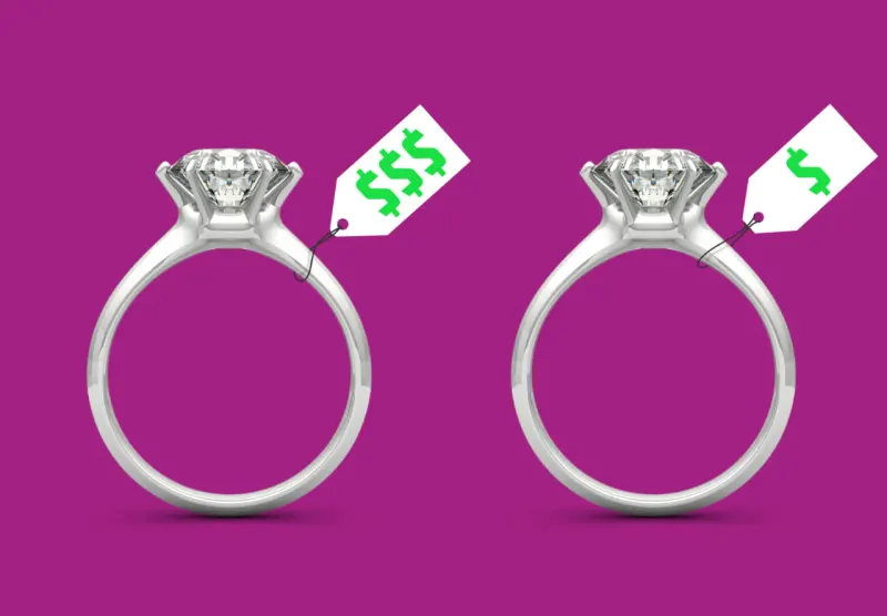A gold wedding band balances against three coin stacks, symbolizing Quince’s lower price and the buyer’s anxiety.