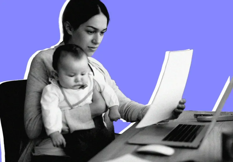 A cradle and severed briefcase balance on a scale, representing the choice between a baby’s first year and work.