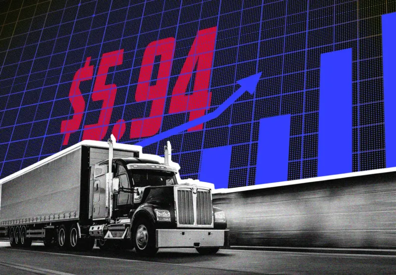 A diesel droplet tips a scale against groceries and central bank columns, symbolizing inflation pressure.