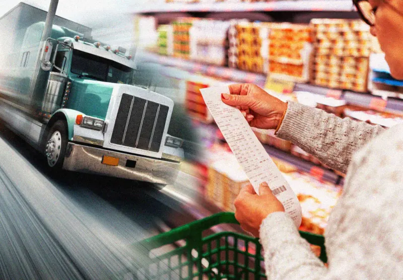 A grocery basket and Thanksgiving turkey balance on a rising fuel gauge needle, linking diesel costs to food prices.