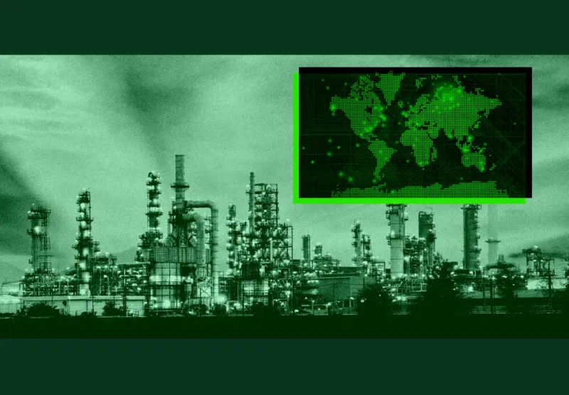 A narrowing refinery funnel squeezes an oil drop toward a rising gasoline gauge.