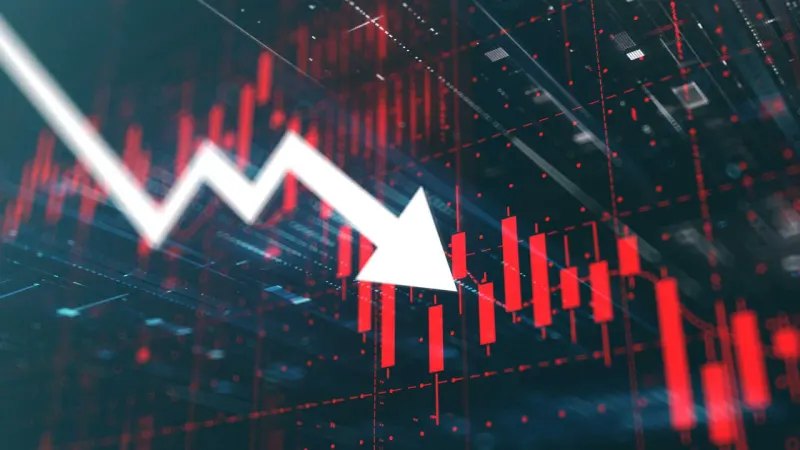 A golden bull teeters on a seesaw against rising bond shaped weights, symbolizing pressure on stocks.