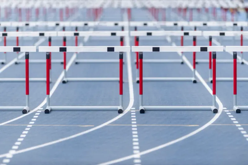 An ascending market line faces three hurdles before twin peaks, symbolizing the conditional S&P 500 forecast.