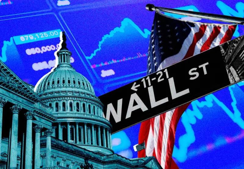 A compressed spring rebounds beneath a ballot box, symbolizing a possible stock market recovery after the midterms.