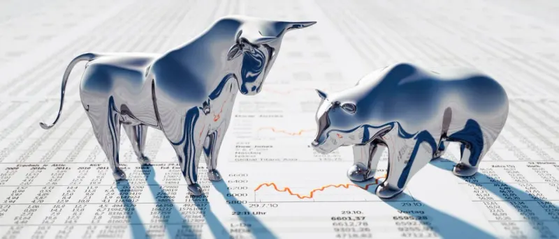 A green bull pushes beneath a weighted platform, representing a hidden rally masked by lagging heavyweight stocks.