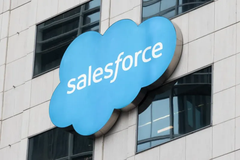A blue cloud-shaped balloon rises above two upward-tilting gauges, symbolizing higher Salesforce price targets.
