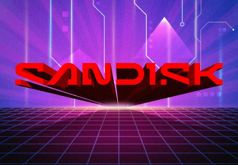 A memory chip unfolds into five rising golden layers, symbolizing Sandisk's rapid and profitable revenue growth.