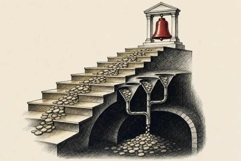 A golden staircase toward a market bell drains investor coins through hidden funnels beneath its steps.