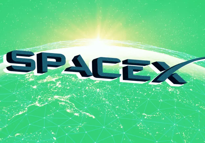 A rocket rises on a circuit beam while a coin anchor represents the high cost of SpaceX's computing growth.
