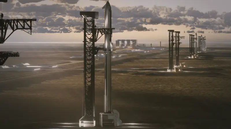 A giant rocket draws fuel from a shrinking coin pile, symbolizing SpaceX’s financing challenge.