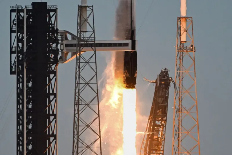 A rocket-shaped vault pours coins into a silicon chip, symbolizing SpaceX's proposed $40 billion Nvidia financing.