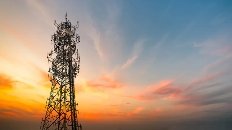 A satellite-shaped cuckoo egg displaces three cell towers, symbolizing Starlink’s challenge to telecom incumbents.