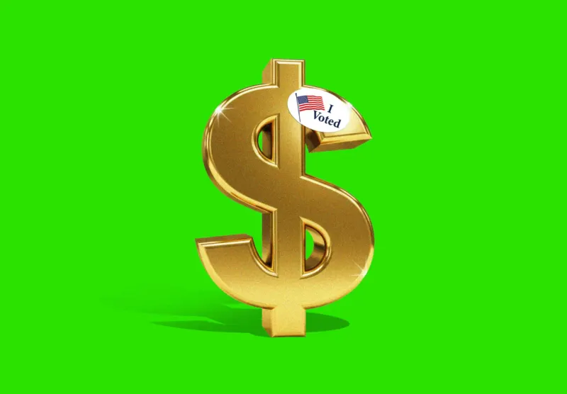 A ballot box becomes a scale balancing gold coins against states, symbolizing wealth taxes decided by voters.