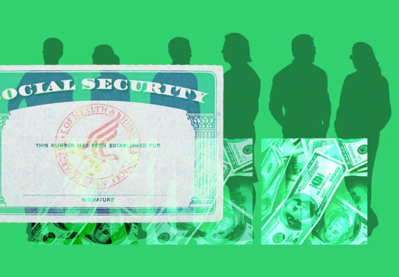 A cracked coin-filled hourglass receives three funding streams as Social Security approaches insolvency.