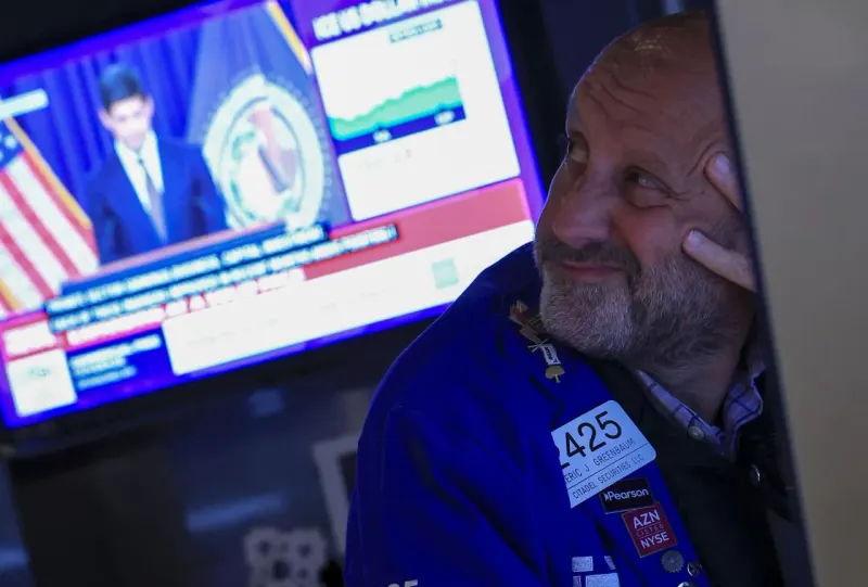 A compass needle pulled by several magnets symbolizes catalysts testing the stock market’s direction.