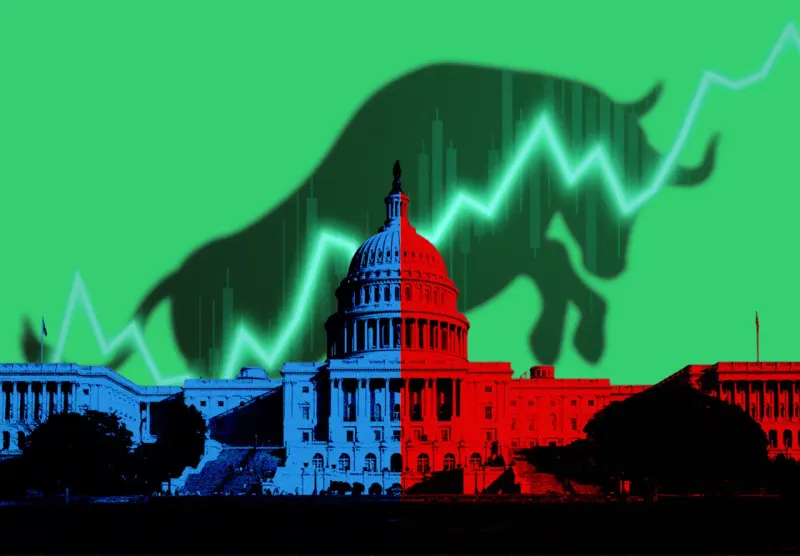 Red and blue paths merge into a rising green arrow, symbolizing a rally under either election outcome.