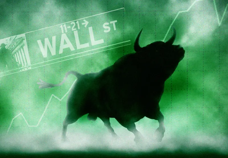 A bronze bull climbs a wall of storm clouds, symbolizing a market advance through six years of worry.