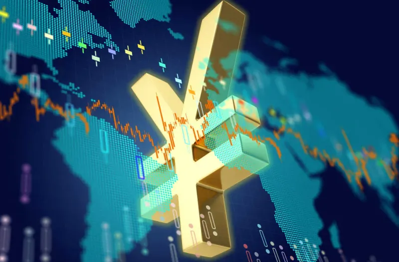A snapping currency spring destabilizes a tower of microchips, symbolizing yen-driven risk to technology stocks.