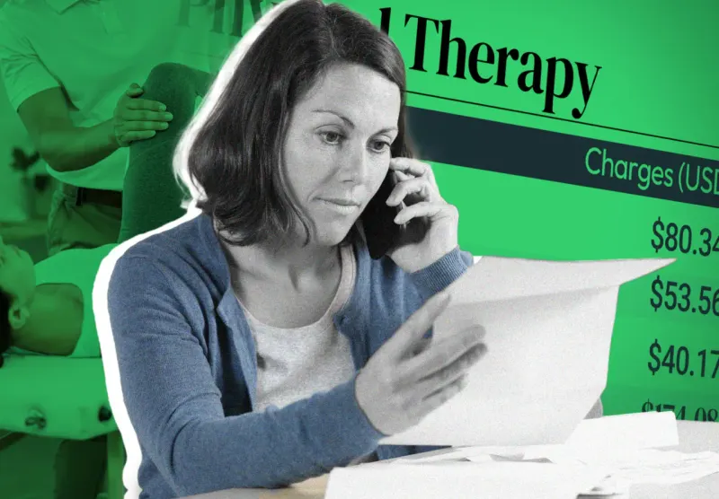 A medical cross becomes a maze whose correct path ends in a financial trap, symbolizing an unexpected insurance bill.